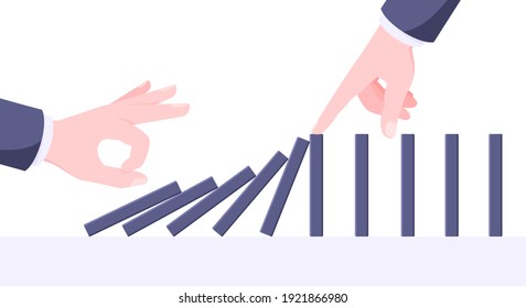 Domino effect business concept. One hand starts chain reaction of falling board game blocks of dominoes and another hand stops it flat style vector illustration.