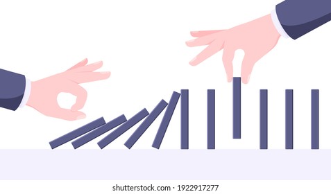 Domino effect business concept. One hand starts chain reaction of falling board game blocks of dominoes and another hand stops it flat style vector illustration.