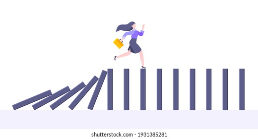 Domino effect or business cowardice metaphor vector illustration concept. Adult young businesswoman run away from falling domino line business concept problem solving and danger chain reaction.