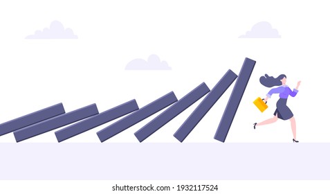 Domino effect or business cowardice metaphor vector illustration concept. Adult young businesswoman run away from falling domino line business concept problem solving and danger chain reaction.