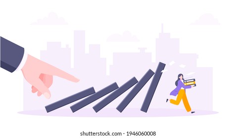 Domino effect or business cowardice metaphor vector illustration concept. Adult young businesswoman run away from hand falling domino line business concept problem solving and danger chain reaction.