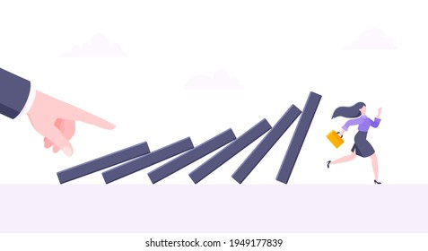 Domino effect or business cowardice metaphor vector illustration concept. Adult young businesswoman run away from hand falling domino line business concept problem solving and danger chain reaction.