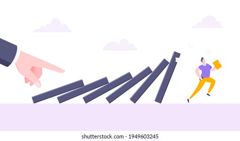 Domino effect or business cowardice metaphor vector illustration concept. Adult young businessman run away from hand falling domino line business concept problem solving and danger chain reaction.