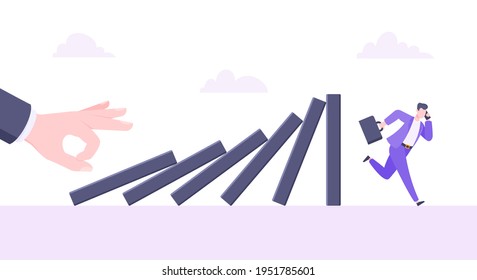 Domino effect or business cowardice metaphor vector illustration concept. Adult young businessman run away from hand falling domino line business concept problem solving and danger chain reaction.