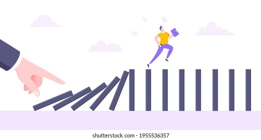 Domino effect or business cowardice metaphor vector illustration concept. Adult young businessman run away from hand falling domino line business concept problem solving and danger chain reaction.