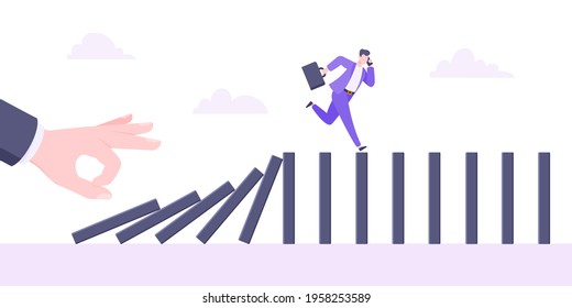 Domino effect or business cowardice metaphor vector illustration concept. Adult young businessman run away from hand falling domino line business concept problem solving and danger chain reaction.