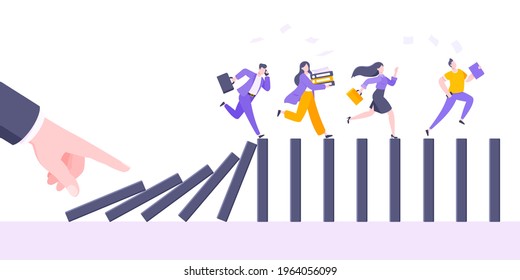 Domino effect or business cowardice metaphor vector illustration concept. Adult young business people run away from hand falling domino line business concept problem solving and danger chain reaction.