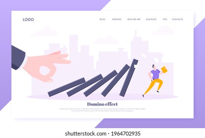 Domino effect or business cowardice metaphor vector illustration concept. Adult young businesswoman run away from hand falling domino line business concept problem solving and danger chain reaction.