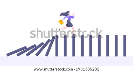 Domino effect or business cowardice metaphor vector illustration concept. Adult young businesswoman run away from falling domino line business concept problem solving and danger chain reaction.