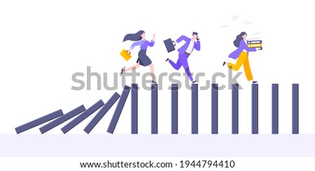 Domino effect or business cowardice metaphor vector illustration concept. Adult young people run away from falling domino line business concept problem solving and danger chain reaction.