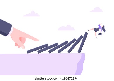 Domino effect or business crisis metaphor vector illustration concept. Adult young businesswoman falls down from hand falling domino line business concept problem solving and danger chain reaction.