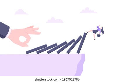 Domino effect or business crisis metaphor vector illustration concept. Adult young businesswoman falls down from hand falling domino line business concept problem solving and danger chain reaction.