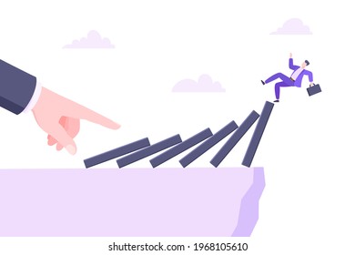 Domino effect or business crisis metaphor vector illustration concept. Adult young businessman falls down from hand falling domino line business concept problem solving and danger chain reaction.