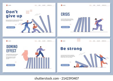 Domino effect and business crisis prevention landing pages set, flat vector illustration on white background. Cartoon characters risk and solve problems during chain reaction.