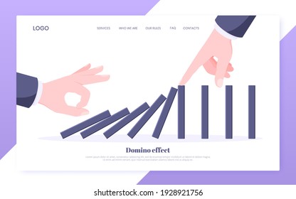 Domino effect and business resilience concept. One hand starts chain reaction of falling board game blocks of dominoes and another hand stops it landing page flat style design vector illustration.