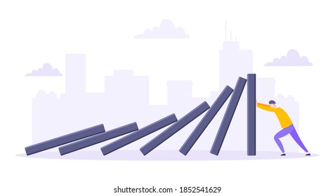 Domino effect or business resilience metaphor vector illustration. Adult young man pushing falling domino line business concept of problem solving.