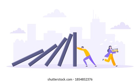 Domino effect or business resilience metaphor vector illustration. Adult young man pushing falling domino line business concept of problem solving.