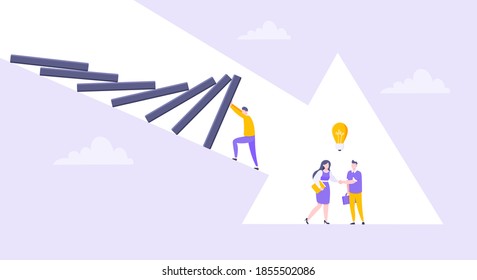 Domino effect or business resilience metaphor vector illustration. Adult young man pushing falling domino line and business people shaking hands concept of problem solving.