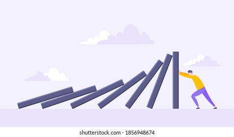 Domino effect or business resilience metaphor vector illustration. Adult young man pushing falling domino line business concept of problem solving.