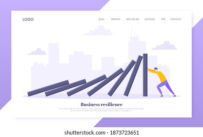 Domino effect or business resilience metaphor vector illustration. Adult young man pushing falling domino line business concept of problem solving website template.