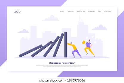 Domino effect or business resilience metaphor vector illustration. Adult young man pushing falling domino line business concept of problem solving website template.