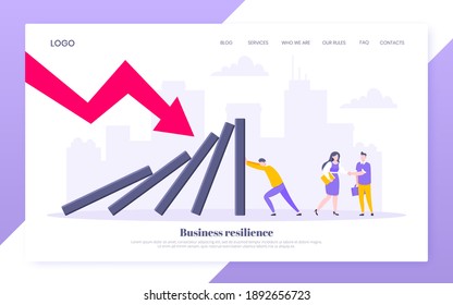 Domino effect or business resilience metaphor vector illustration. Adult young man pushing falling domino line business concept of problem solving website template.