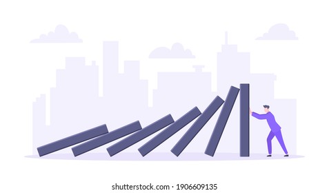 Domino effect or business resilience metaphor vector illustration concept. Adult young businessman pushing falling domino line business concept of problem solving and stopping chain reaction.