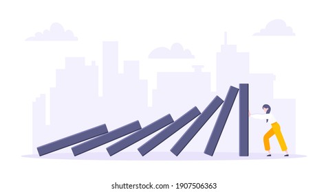 Domino effect or business resilience metaphor vector illustration concept. Adult young businesswoman pushing falling domino line business concept of problem solving and stopping chain reaction.