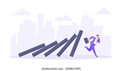 Domino effect or business resilience metaphor vector illustration concept. Adult young businessman run away from falling domino line business concept problem solving and danger chain reaction.