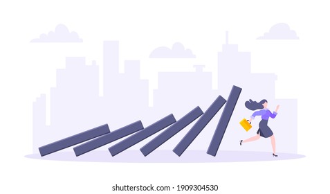 Domino effect or business resilience metaphor vector illustration concept. Adult young businesswoman run away from falling domino line business concept problem solving and danger chain reaction.