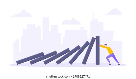 Domino effect or business resilience metaphor vector illustration concept. Adult young businessman pushing falling domino line business concept of problem solving and stopping chain reaction.