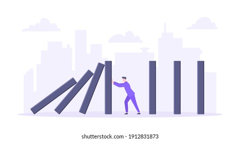 Domino effect or business resilience metaphor vector illustration concept. Adult young businessman pushing falling domino line business concept of problem solving and stopping chain reaction.