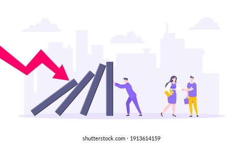 Domino effect or business resilience metaphor vector illustration concept. Adult young businessman pushing falling domino line business concept of problem solving and stopping chain reaction.