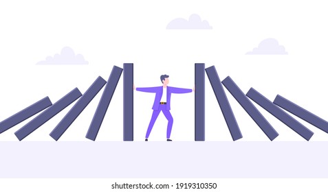 Domino effect or business resilience metaphor vector illustration concept. Adult young businessman pushing falling domino line business concept of problem solving and stopping chain reaction.