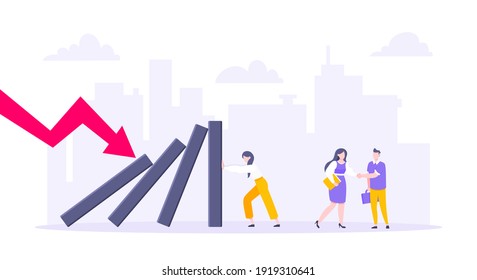 Domino effect or business resilience metaphor vector illustration concept. Adult young businesswoman pushing falling domino line business concept of problem solving and stopping chain reaction.