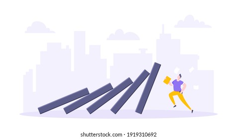 Domino effect or business resilience metaphor vector illustration concept. Adult young businessman run away from falling domino line business concept problem solving and danger chain reaction.