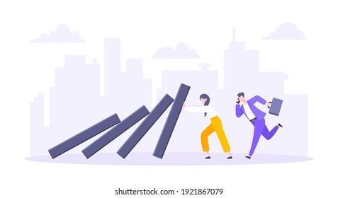 Domino effect or business resilience metaphor vector illustration concept. Adult young business people pushing falling domino line business concept of problem solving stopping chain reaction.