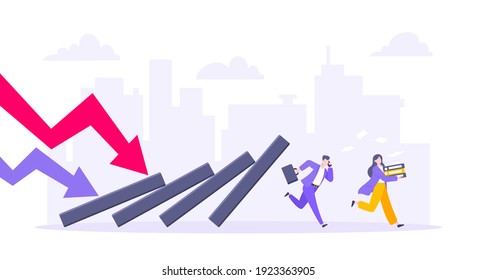 Domino effect or business resilience metaphor vector illustration concept. Adult young business people run away from falling domino line business concept problem solving danger chain reaction.