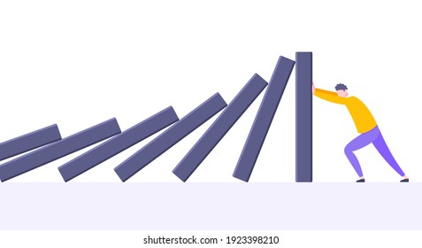 Domino effect or business resilience metaphor vector illustration concept. Adult young businessman pushing falling domino line business concept of problem solving and stopping chain reaction.