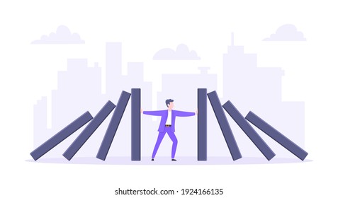 Domino effect or business resilience metaphor vector illustration concept. Adult young businessman pushing falling domino line business concept of problem solving and stopping chain reaction.