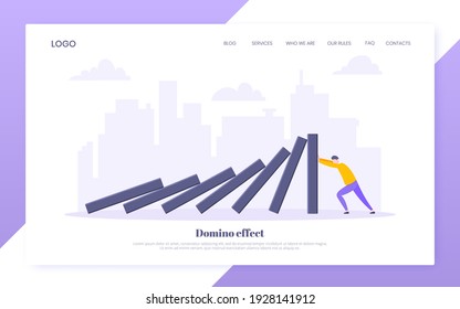 Domino effect business resilience metaphor vector illustration concept. Adult young businessman pushing falling domino line business concept of problem solving and stopping chain reaction.