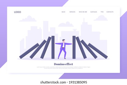 Domino effect or business resilience metaphor vector illustration concept. Adult young businessman pushing falling domino line business concept of problem solving and stopping chain reaction.