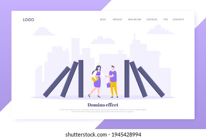 Domino effect or business resilience metaphor vector illustration concept. Business people shaking hands near falling domino line business concept of problem solving and stopping chain reaction