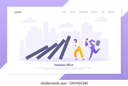 Domino effect or business resilience metaphor vector illustration concept. Adult young businesswoman pushing falling domino line business concept of problem solving and stopping chain reaction.