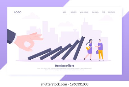 Domino effect or business resilience metaphor vector illustration concept. Business people shaking hands near falling domino line concept of problem solving and stopping chain reaction