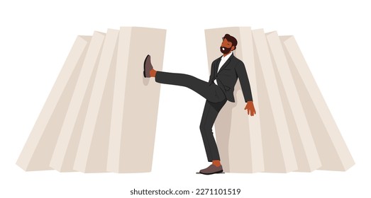 Domino Effect Or Business Resilience Metaphor. Adult Young Man Pushing Falling Domino Line. Concept Of Problem Solving, Deal with Troubles. Male Character Overcome Crisis. Cartoon Vector Illustration