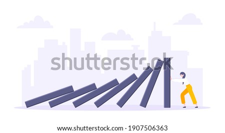 Domino effect or business resilience metaphor vector illustration concept. Adult young businesswoman pushing falling domino line business concept of problem solving and stopping chain reaction.