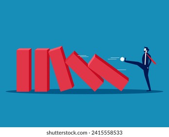 Domino effect. Businessman pushes domino pole to fall. Vector 
