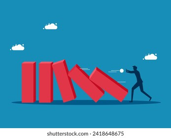 Domino effect. Businessman pushes domino wall to fall Vector 