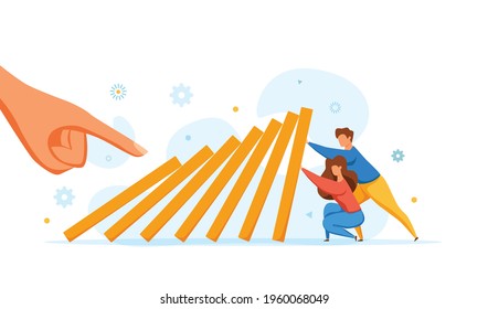 Domino effect of businessman pushing hard against falling domino vector illustration. Business concept of falling prevention, stopping conflict, solving problem, chain reaction, successful interventio